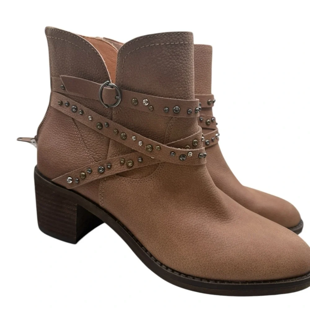 Lucky Brand Callam Studded Strap Boot NWOB Brown Heel Ankle Western Boho Festiva